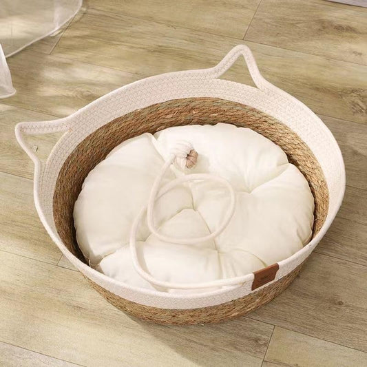 Rukuapid Niche En Rotin Pour Chat, Lit Rond, Panier En Rotin Fait Main Et Coussin 100 % Coton, 40 X 40 X 13 Cm, Marron Et Blanc (Coussin En Coton)