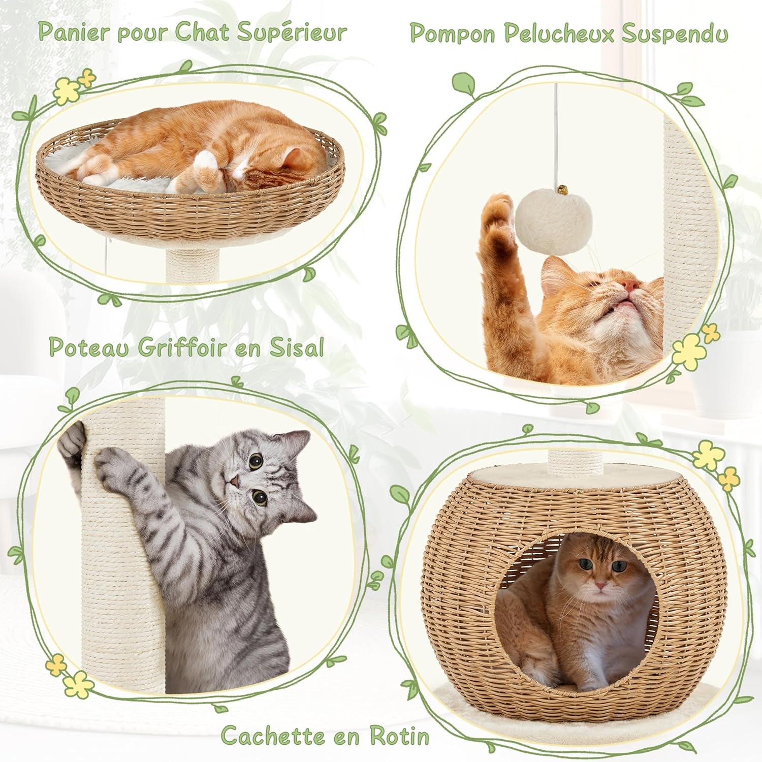 Arbre À Chat En Rotin Tour Pour Chat En Peluche Design Moderne Avec Cachette Coussin Souple Panier Supérieur Griffoir En Sisal 75 Cm De Haut