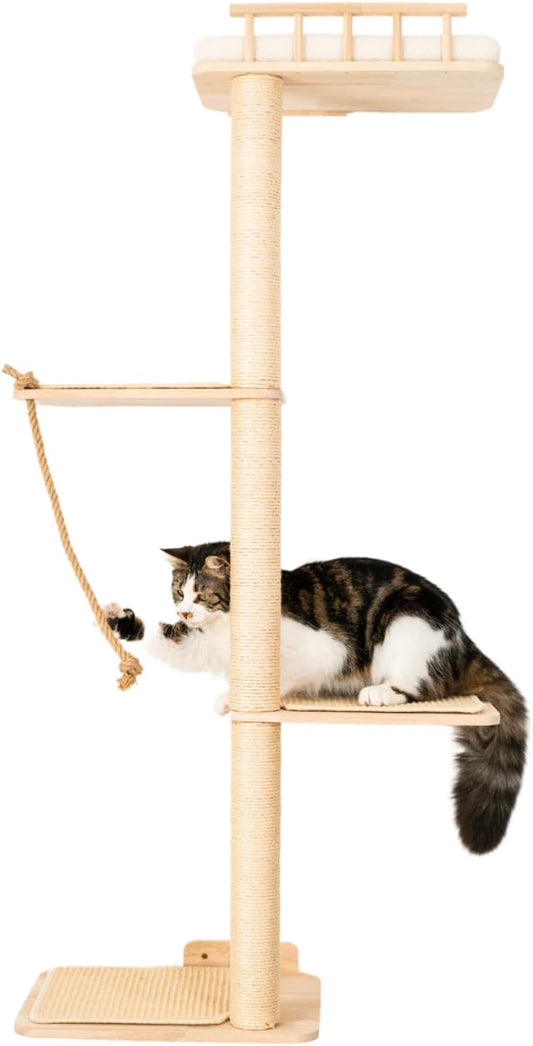 PURRLIS - Arbre À Chat Mural En Bois Naturel | Tour D’Escalade 132 Cm Avec Poteau Grattoir, Larges Plateformes & Perchoir | Étagère Murale Design Avec Coussin, Tapis & Griffoir Pour Chats