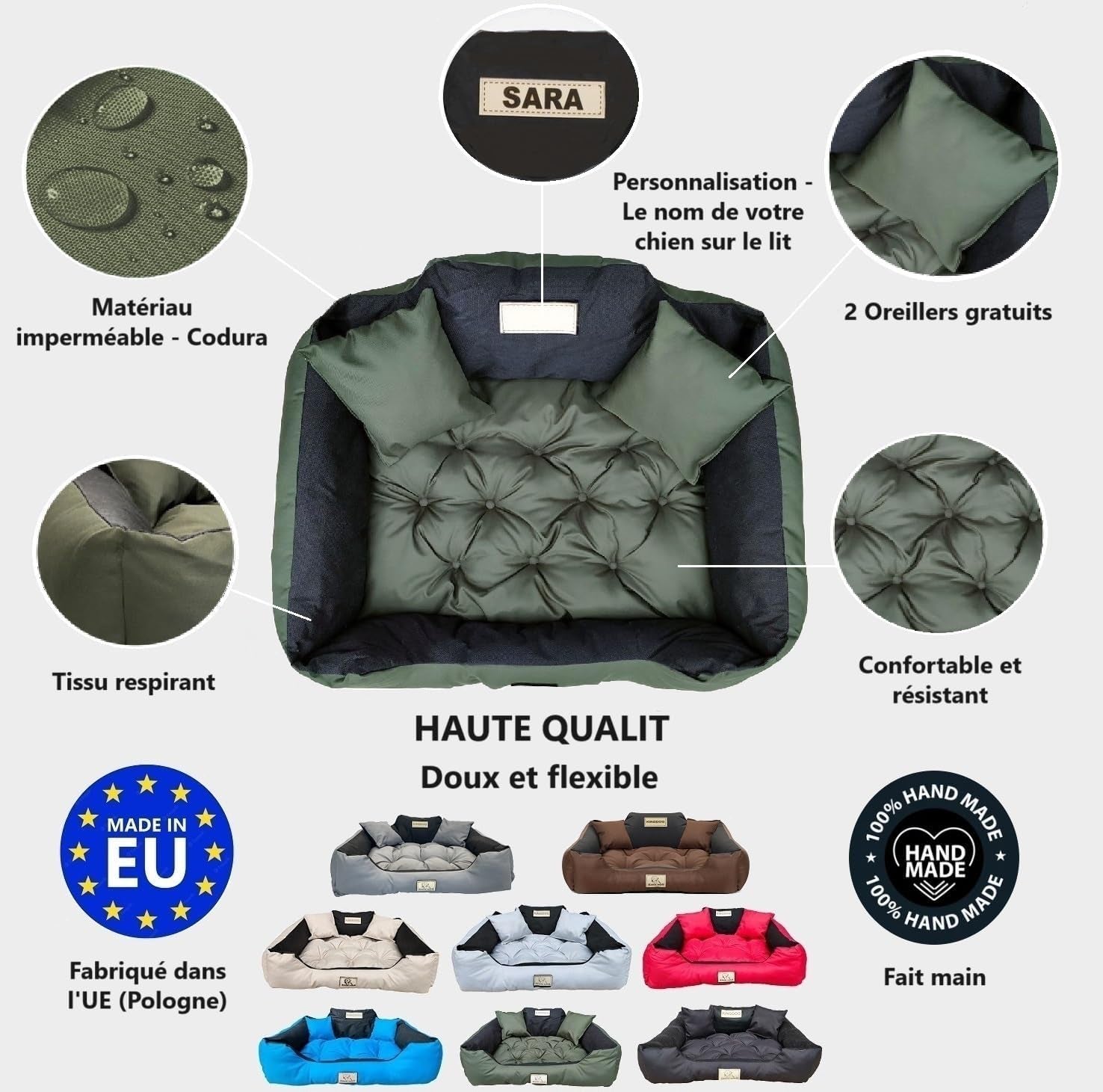 KING DOG Lit Pour Grands Chiens L 100X75 Cm | Personnalisé - Nom Du Chien | Coussin Imperméable | Canapé Adapté Au Lavage | Moelleux, Douillet Et Super Doux | Made in EU Vert