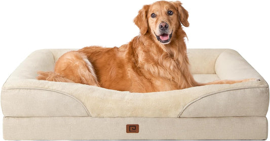 EHEYCIGA Mousse Mémoire Panier Chien XXL Orthopédique, Canapé Pour Chien Grande Taille Déhoussable Lavable, Coussin Chiens Antidérapant & Imperméable, 106.5X76X18.5 Cm Beige