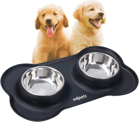 , Gamelle Chat Chien, Double Bol En Acier Inoxydable, Antiderapante, Avec Tapis En Silicone Anti-Débordement (480, Noir)
