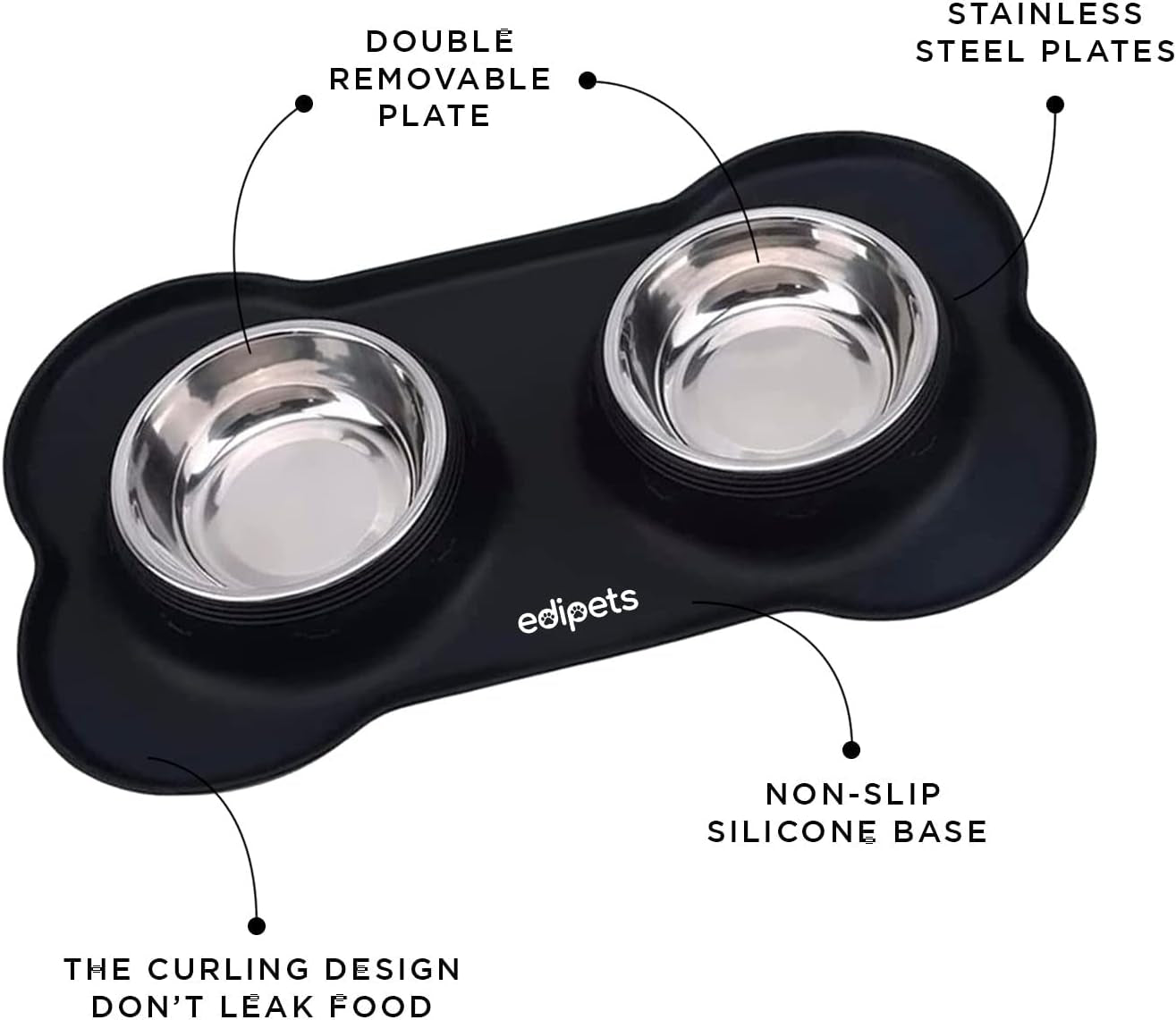 , Gamelle Chat Chien, Double Bol En Acier Inoxydable, Antiderapante, Avec Tapis En Silicone Anti-Débordement (480, Noir)