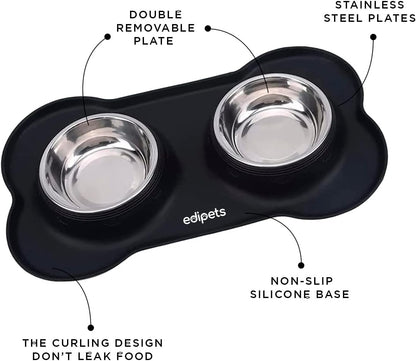 , Gamelle Chat Chien, Double Bol En Acier Inoxydable, Antiderapante, Avec Tapis En Silicone Anti-Débordement (480, Noir)