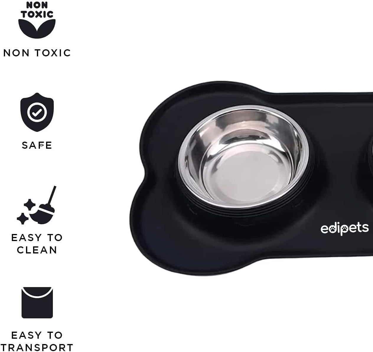 , Gamelle Chat Chien, Double Bol En Acier Inoxydable, Antiderapante, Avec Tapis En Silicone Anti-Débordement (480, Noir)