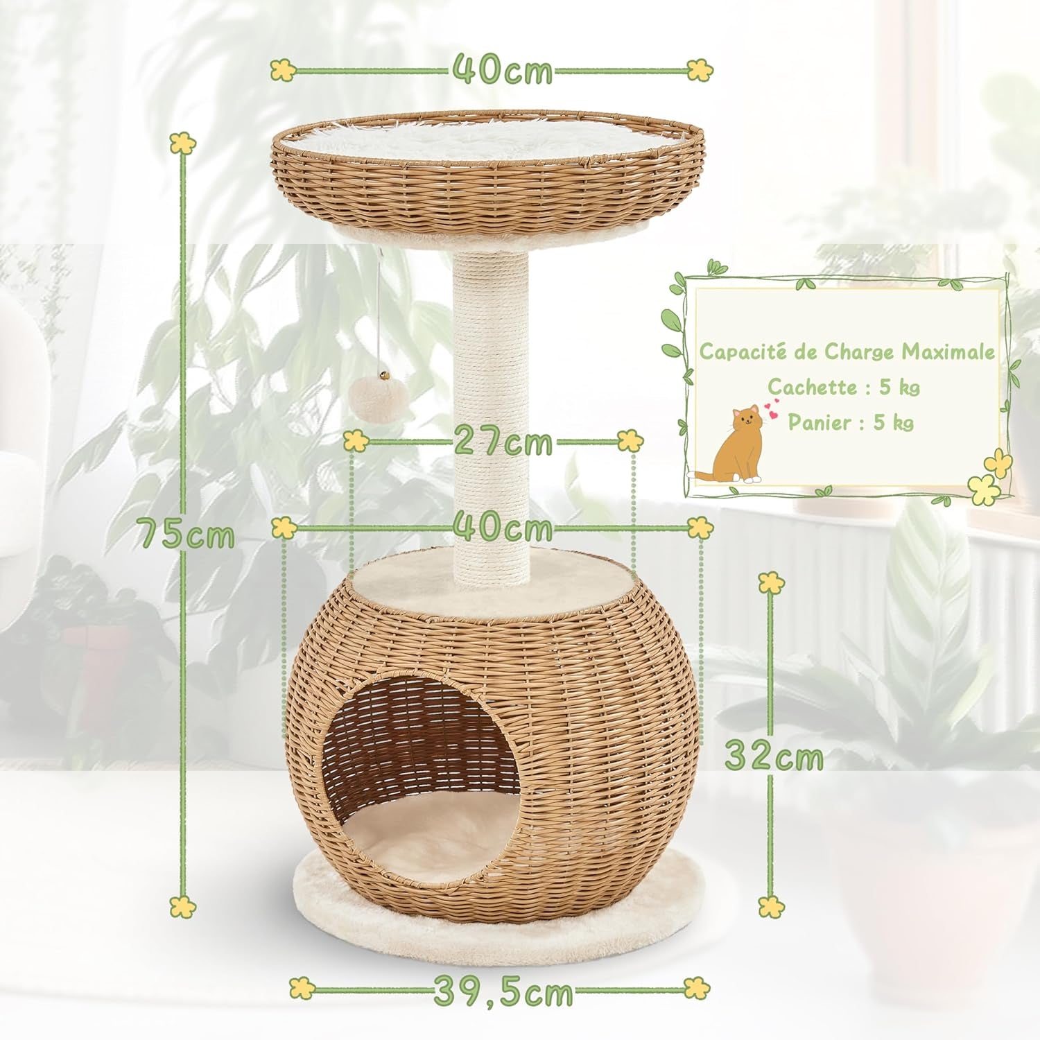 Arbre À Chat En Rotin Tour Pour Chat En Peluche Design Moderne Avec Cachette Coussin Souple Panier Supérieur Griffoir En Sisal 75 Cm De Haut