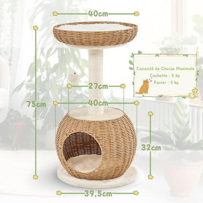 Arbre À Chat En Rotin Tour Pour Chat En Peluche Design Moderne Avec Cachette Coussin Souple Panier Supérieur Griffoir En Sisal 75 Cm De Haut