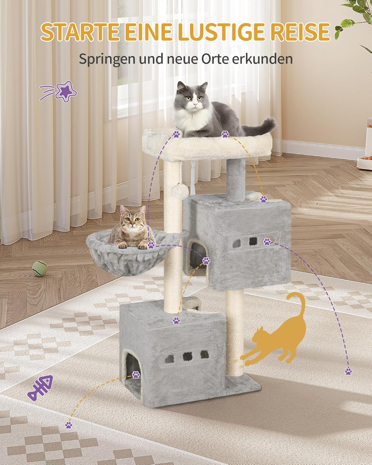 Arbre À Chat,Tour De Jeux 98 Cm, Meubles De Maison Pour Chats Avec 2 Niches, Grande Plate-Forme, Sisal Griffoir, Hamac, Gris Clair MS10018LG