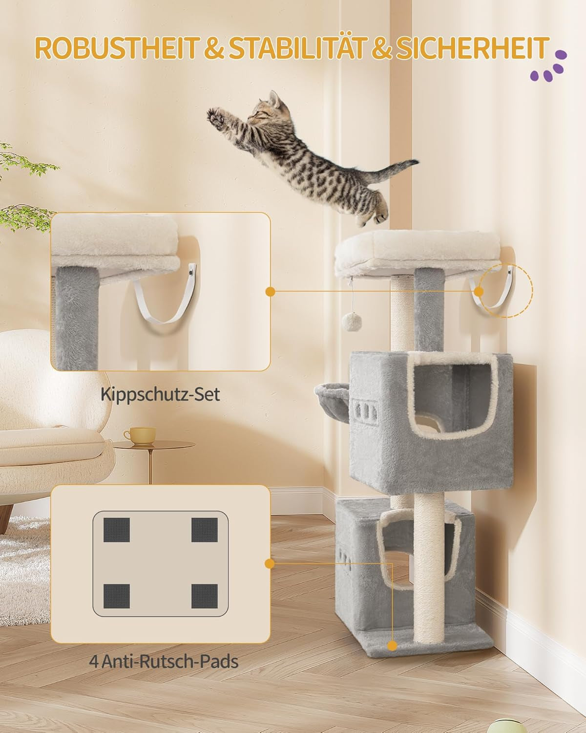 Arbre À Chat,Tour De Jeux 98 Cm, Meubles De Maison Pour Chats Avec 2 Niches, Grande Plate-Forme, Sisal Griffoir, Hamac, Gris Clair MS10018LG