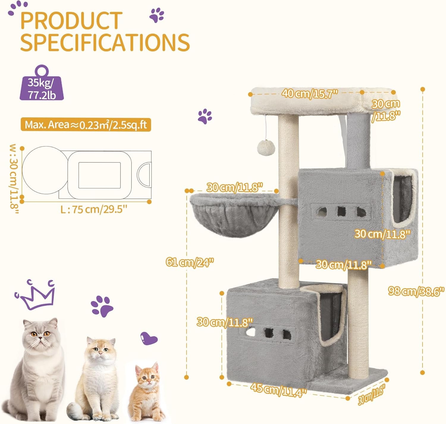 Arbre À Chat,Tour De Jeux 98 Cm, Meubles De Maison Pour Chats Avec 2 Niches, Grande Plate-Forme, Sisal Griffoir, Hamac, Gris Clair MS10018LG