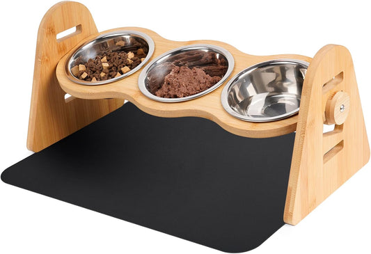 Tedsrewa Gamelle Pour Chien Ou Chat Réglable,4 Hauteurs,300 ML Chacune,Séparation Sèche Et Humide,Étagère En Bambou,Bol À Eau,Avec Napperon
