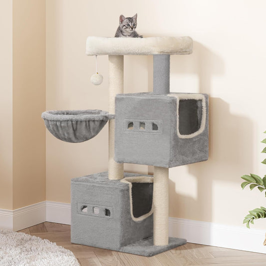 Arbre À Chat,Tour De Jeux 98 Cm, Meubles De Maison Pour Chats Avec 2 Niches, Grande Plate-Forme, Sisal Griffoir, Hamac, Gris Clair MS10018LG