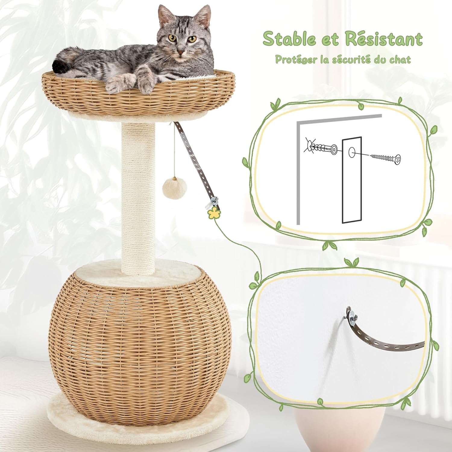 Arbre À Chat En Rotin Tour Pour Chat En Peluche Design Moderne Avec Cachette Coussin Souple Panier Supérieur Griffoir En Sisal 75 Cm De Haut