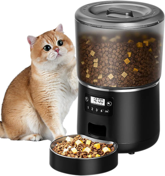 4L Distributeur Croquettes Chat Automatique, Distributeurs De Nourriture Pour Chiens, Gamelle Chat Automatique, Distributeur Croquettes Chien Avec Gamelle Acier Inoxydable, 4 Repas Par Jour