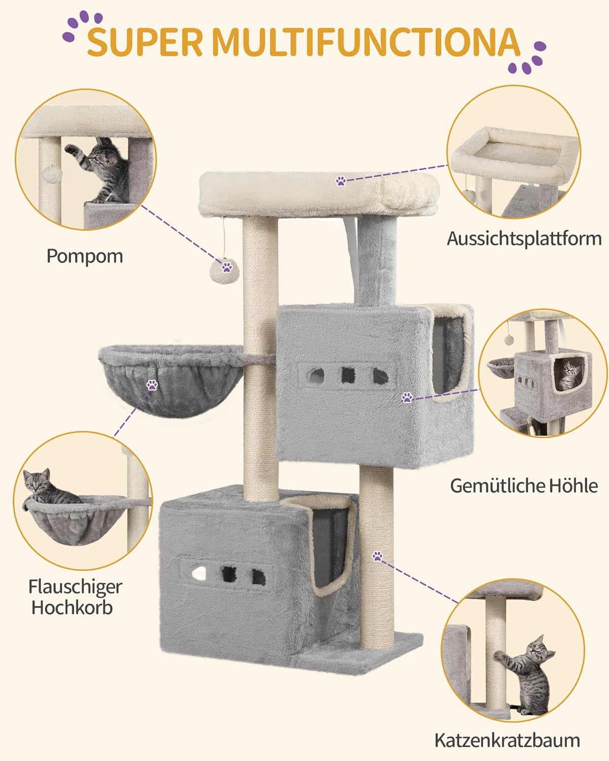 Arbre À Chat,Tour De Jeux 98 Cm, Meubles De Maison Pour Chats Avec 2 Niches, Grande Plate-Forme, Sisal Griffoir, Hamac, Gris Clair MS10018LG