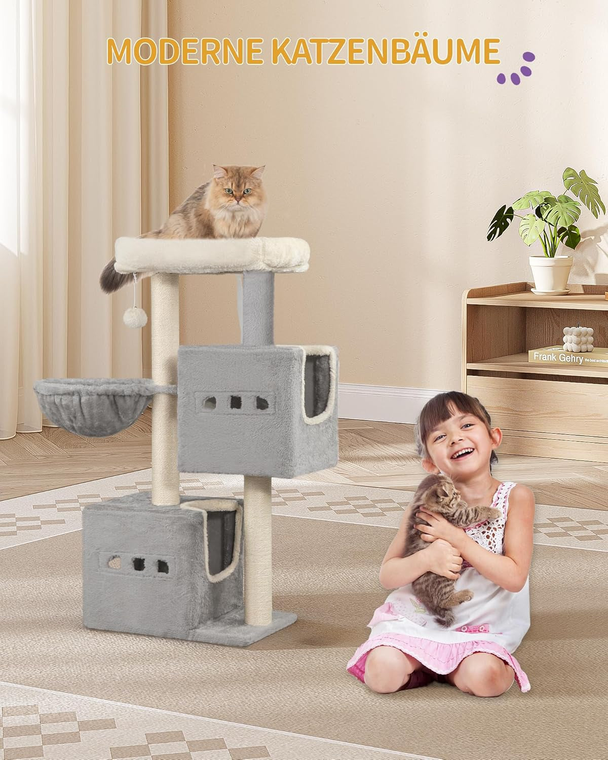 Arbre À Chat,Tour De Jeux 98 Cm, Meubles De Maison Pour Chats Avec 2 Niches, Grande Plate-Forme, Sisal Griffoir, Hamac, Gris Clair MS10018LG
