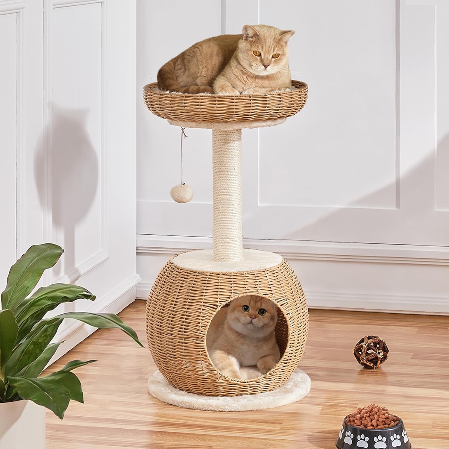 Arbre À Chat En Rotin Tour Pour Chat En Peluche Design Moderne Avec Cachette Coussin Souple Panier Supérieur Griffoir En Sisal 75 Cm De Haut