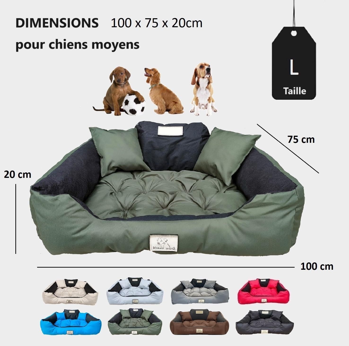 KING DOG Lit Pour Grands Chiens L 100X75 Cm | Personnalisé - Nom Du Chien | Coussin Imperméable | Canapé Adapté Au Lavage | Moelleux, Douillet Et Super Doux | Made in EU Vert