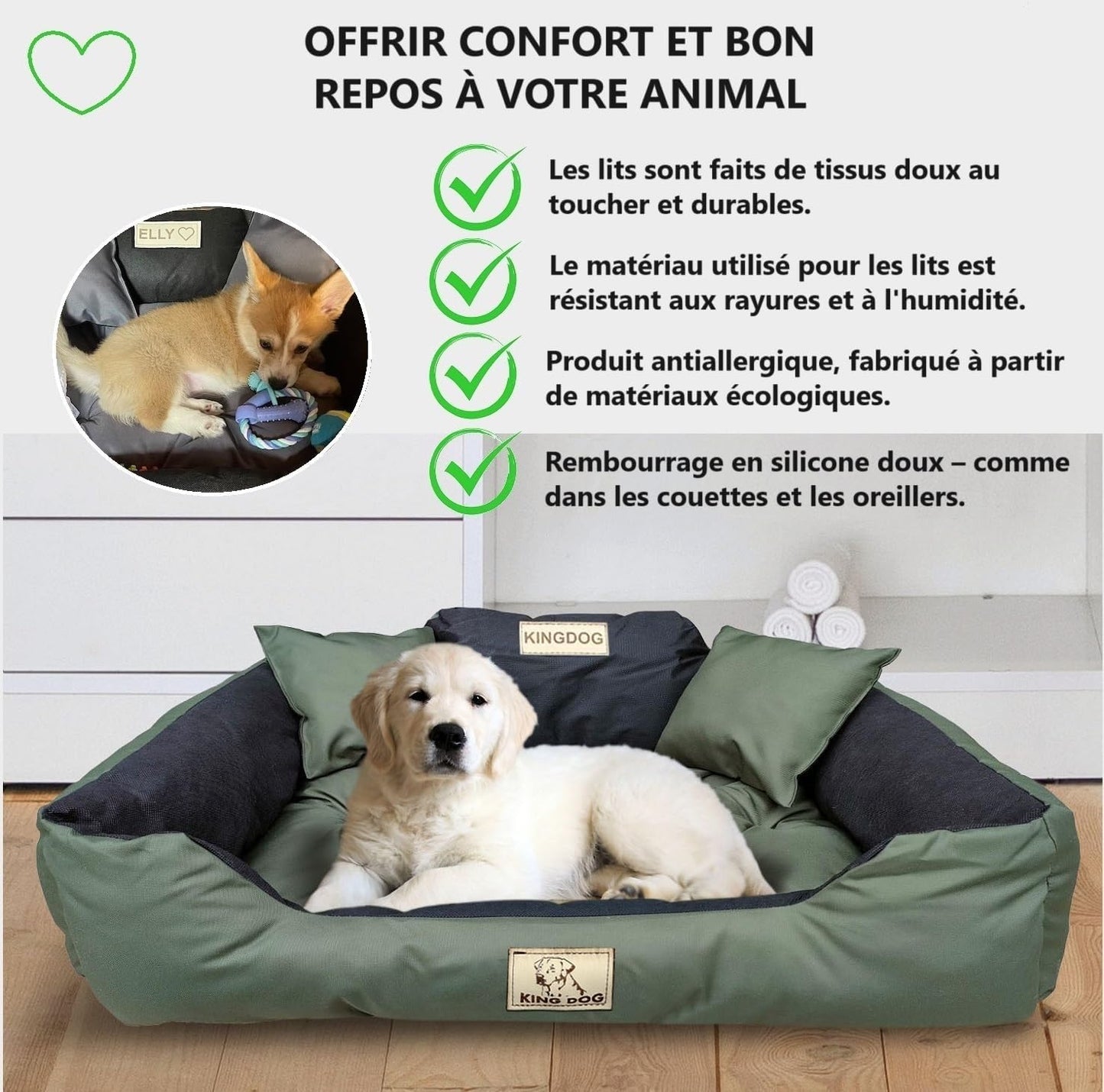 KING DOG Lit Pour Grands Chiens L 100X75 Cm | Personnalisé - Nom Du Chien | Coussin Imperméable | Canapé Adapté Au Lavage | Moelleux, Douillet Et Super Doux | Made in EU Vert