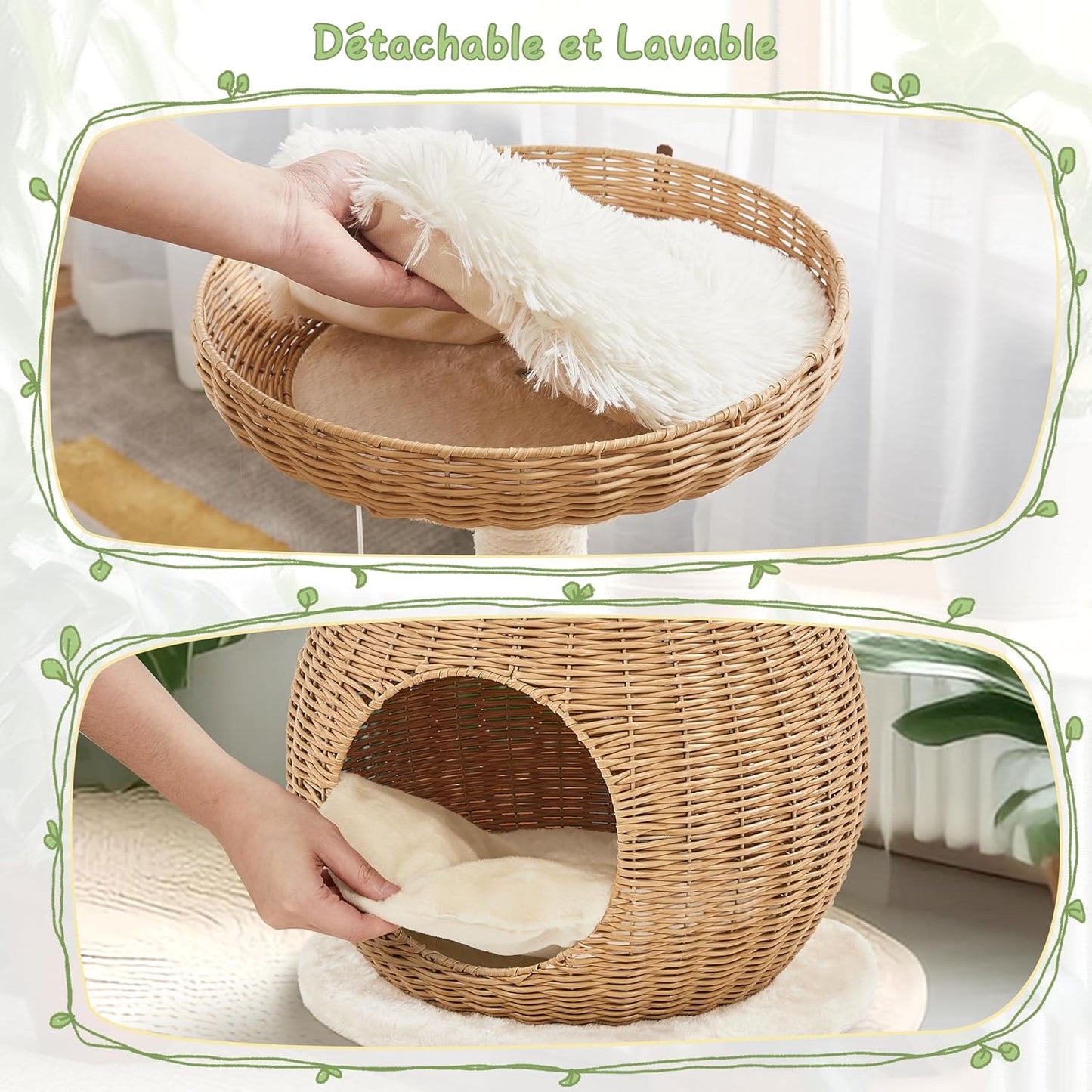 Arbre À Chat En Rotin Tour Pour Chat En Peluche Design Moderne Avec Cachette Coussin Souple Panier Supérieur Griffoir En Sisal 75 Cm De Haut