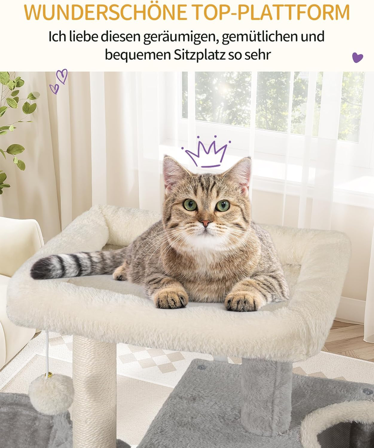 Arbre À Chat,Tour De Jeux 98 Cm, Meubles De Maison Pour Chats Avec 2 Niches, Grande Plate-Forme, Sisal Griffoir, Hamac, Gris Clair MS10018LG