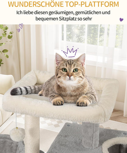 Arbre À Chat,Tour De Jeux 98 Cm, Meubles De Maison Pour Chats Avec 2 Niches, Grande Plate-Forme, Sisal Griffoir, Hamac, Gris Clair MS10018LG