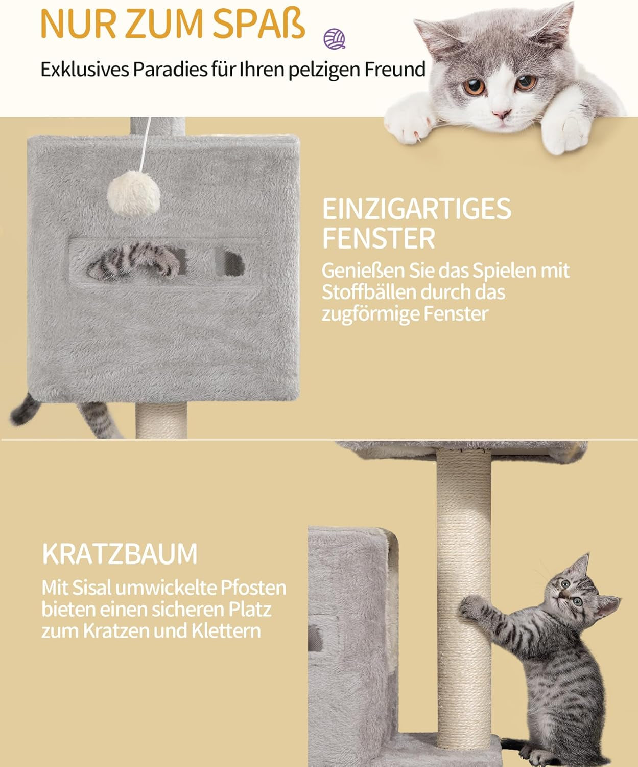 Arbre À Chat,Tour De Jeux 98 Cm, Meubles De Maison Pour Chats Avec 2 Niches, Grande Plate-Forme, Sisal Griffoir, Hamac, Gris Clair MS10018LG