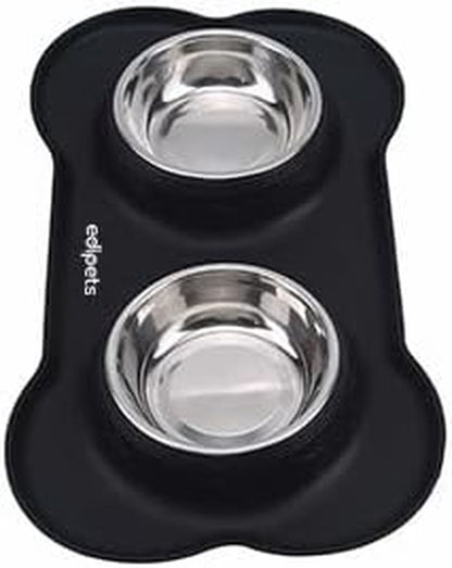 , Gamelle Chat Chien, Double Bol En Acier Inoxydable, Antiderapante, Avec Tapis En Silicone Anti-Débordement (480, Noir)