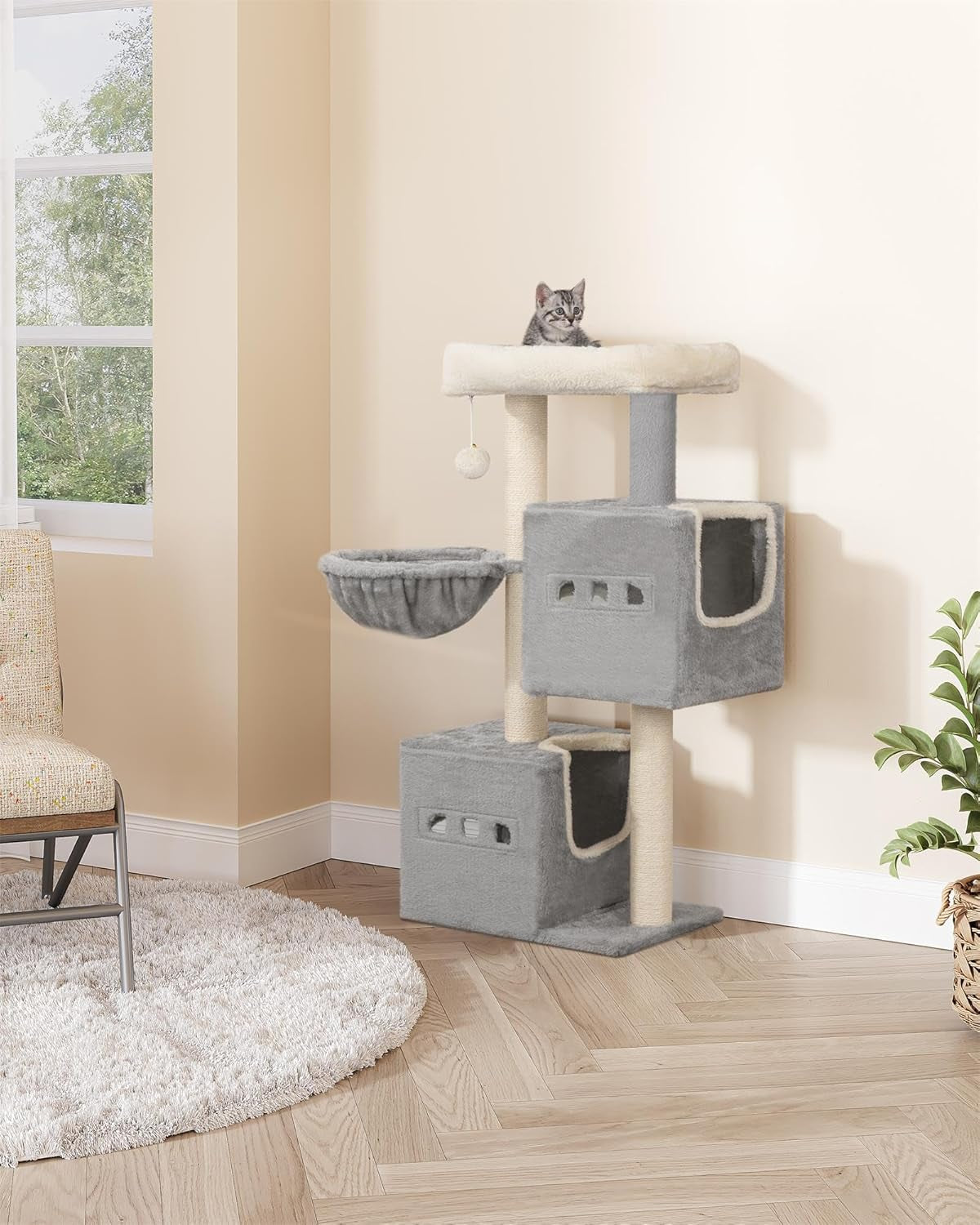 Arbre À Chat,Tour De Jeux 98 Cm, Meubles De Maison Pour Chats Avec 2 Niches, Grande Plate-Forme, Sisal Griffoir, Hamac, Gris Clair MS10018LG