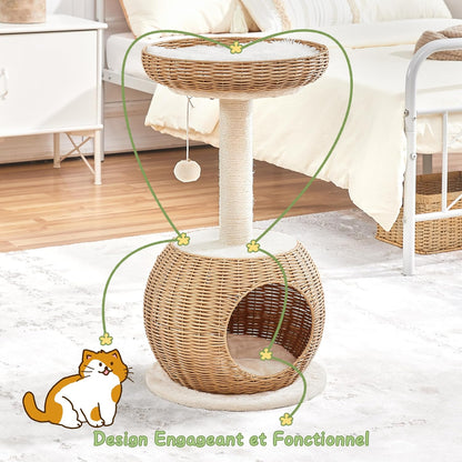 Arbre À Chat En Rotin Tour Pour Chat En Peluche Design Moderne Avec Cachette Coussin Souple Panier Supérieur Griffoir En Sisal 75 Cm De Haut