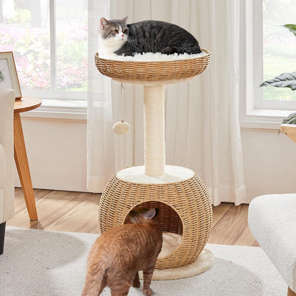 Arbre À Chat En Rotin Tour Pour Chat En Peluche Design Moderne Avec Cachette Coussin Souple Panier Supérieur Griffoir En Sisal 75 Cm De Haut